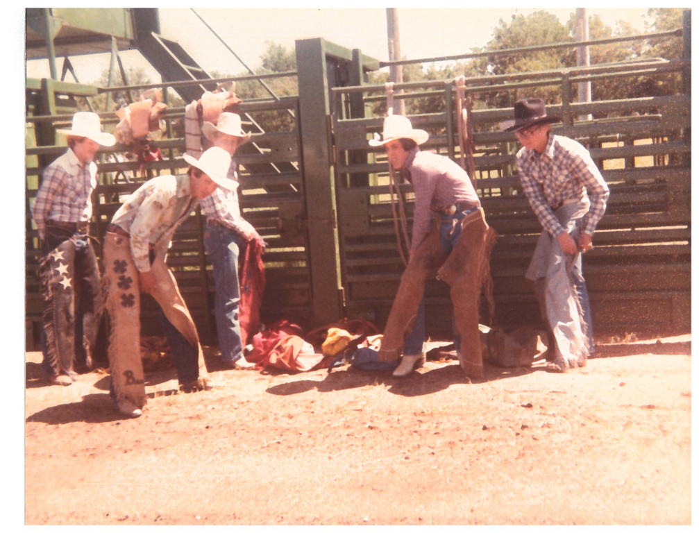 The Abilene rodeo arena is where John McDonald found his love for arena design. The Abilene man has rebuilt the north end of the arena, including the timed event chutes. In this picture from 1979, he (on the left), is pictured with fellow Kansas High School Finals Rodeo qualifiers from Abilene: (from left to right) McDonald, Miller, John Greenough, Paul Whitehair, and Doug Baier, all Abilene residents at the time. Photo courtesy Beverly Willcoxon.